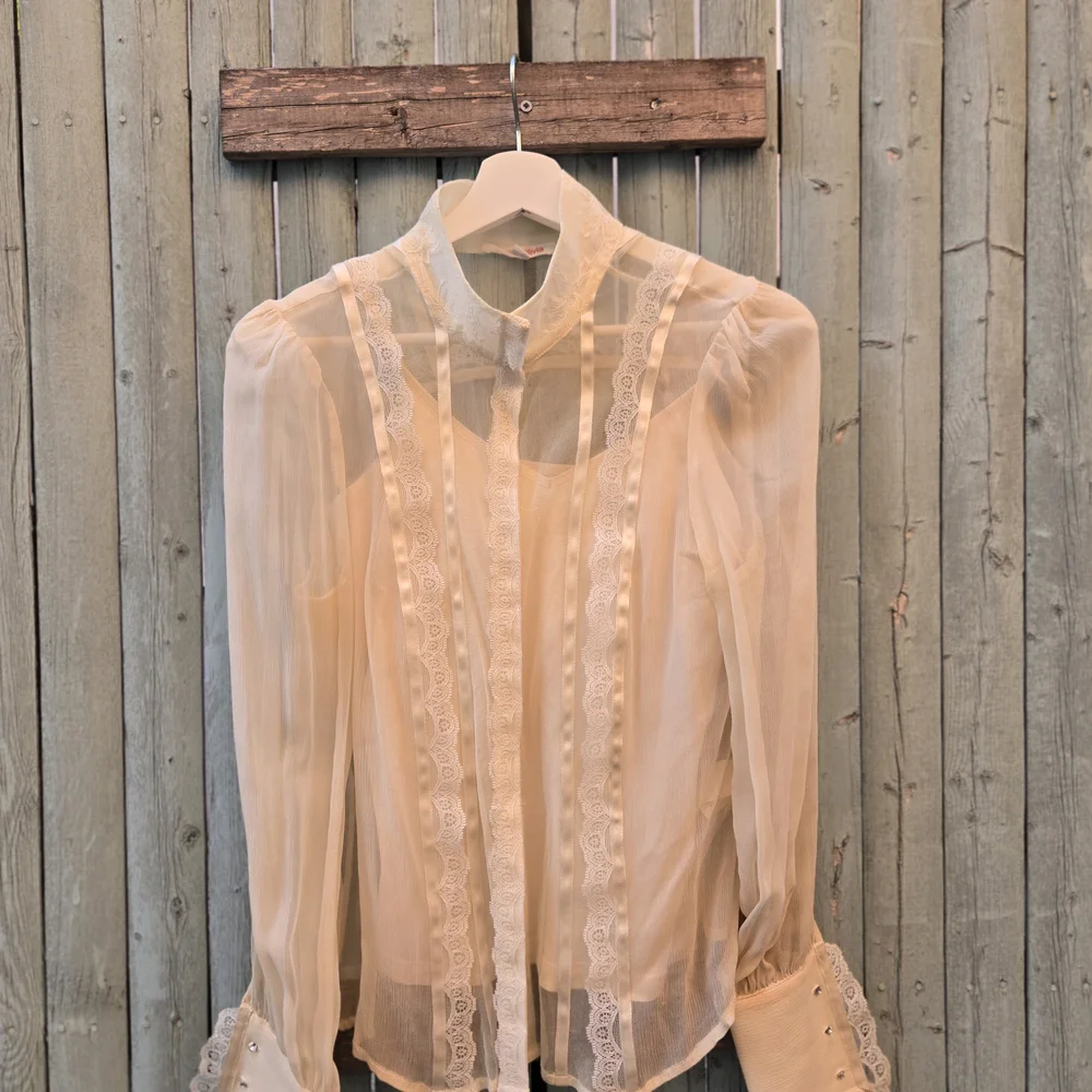 Alice + Olivia Sheer Silk Lace Blouse – Vintage,  Ivory, Large - Picture 4 of 9